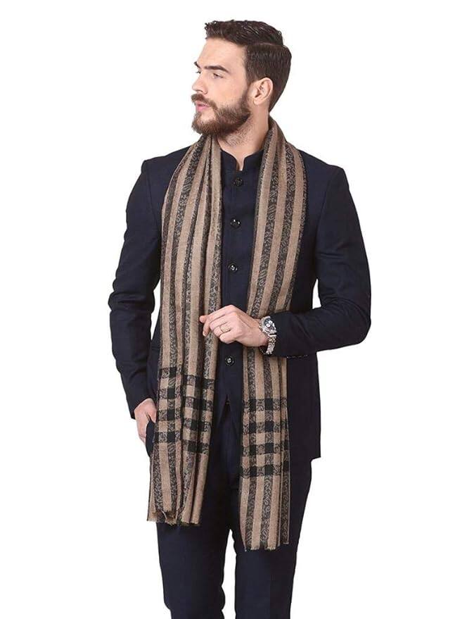 Pashtush Woven Men’s Wool Stole with Check-Stripe Design