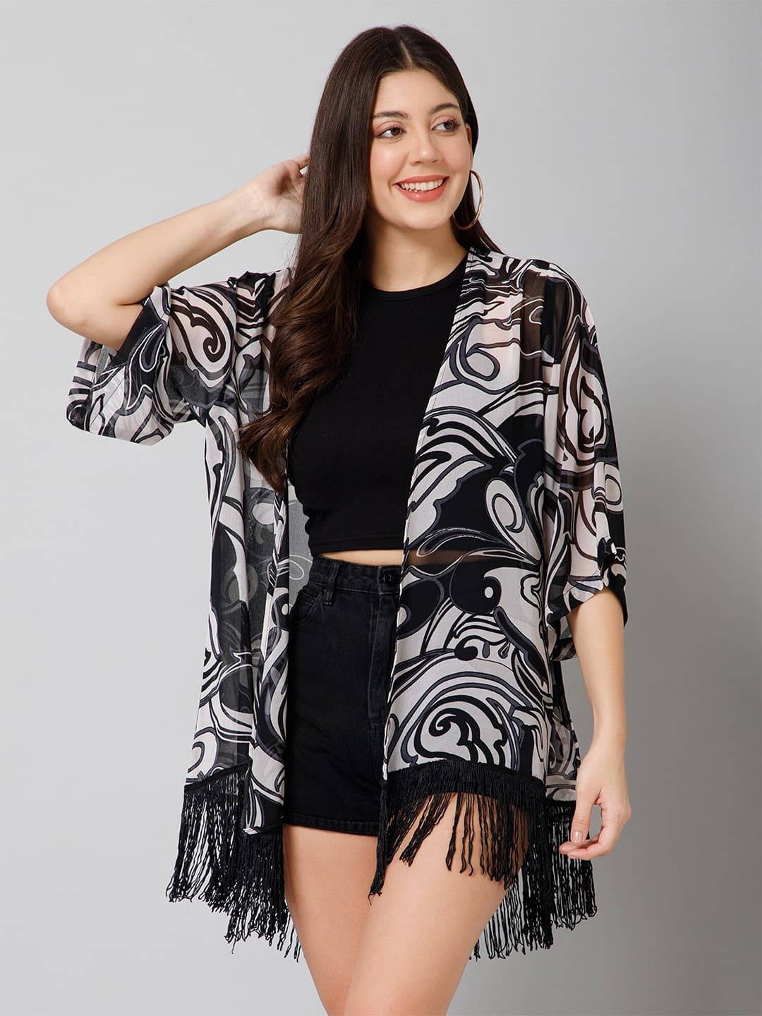 PURYS Abstract Printed Tasselled Longline Shrug PURYS Abstract Printed Tasselled Longline Shrug