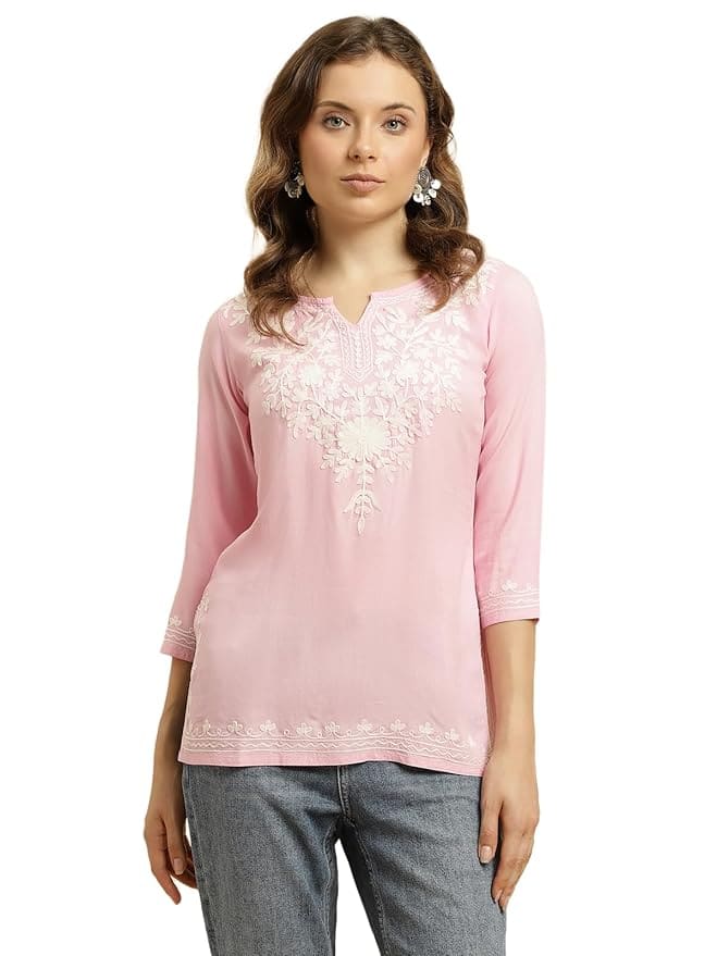 QAZMI Kashmiri Embroidered Short Kurti – Light Pink