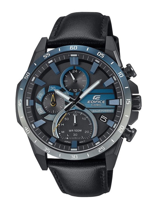 CASIO: Men Dial &amp; Leather Cuff Straps Analogue Chronograph Solar Powered Watch