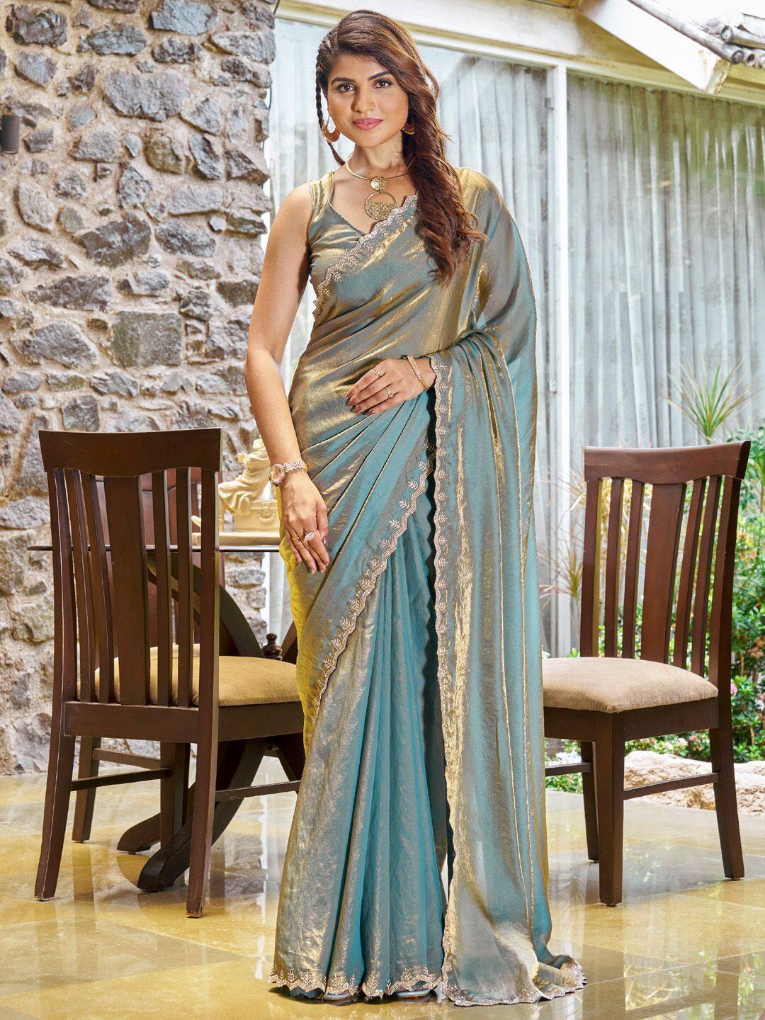 Saree Mall Teal Blue Pure Chiffon Embellished Party Wear Saree