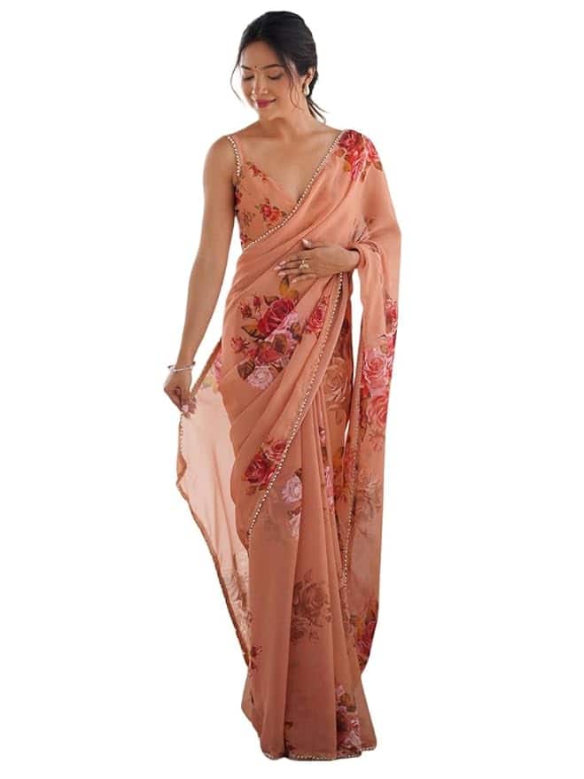 RAJESHWAR FASHION WITH RF Women's New Georgette Florals Printed Saree with Blouse Piece