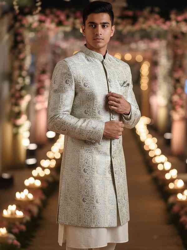  KISAH Men Woven Design Kurta Indowestern Sherwani Trouser Set