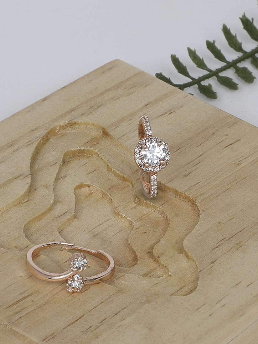Set Of 2 Rose Gold Plated CZ Stone-Studded Adjustable Finger Rings