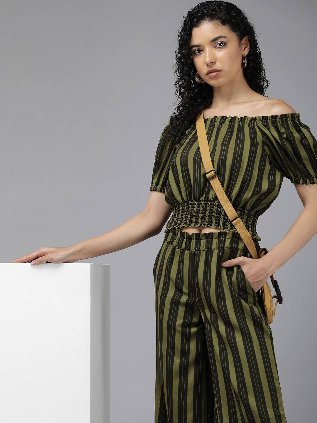 Roadster Striped Off-Shoulder Crop Top with Trousers Co-Ords Roadster Striped Off-Shoulder Crop Top with Trousers Co-Ords