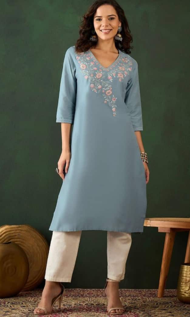 Sangria Floral Embroidered Straight Kurta