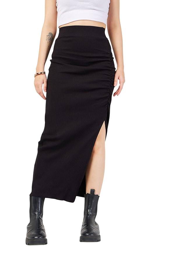 SASSAFRAS Women's Rib Front Ruched Midi Skirt