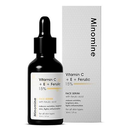 Minomine 15% Vitamin C + E+ Ferulic acid Face serum | Reduces wrinkles, Brightens skin & Fights inflammation | Advanced Glowing Formula | Men & Women, All Skin Types, 30ml Minomine 15% Vitamin C + E+ Ferulic acid Face serum | Reduces wrinkles, Brightens skin & Fights inflammation | Advanced Glowing Formula | Men & Women, All Skin Types, 30ml