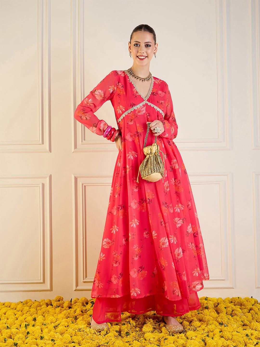 Shae by Sassafras Mirror Work Floral Anarkali Kurta