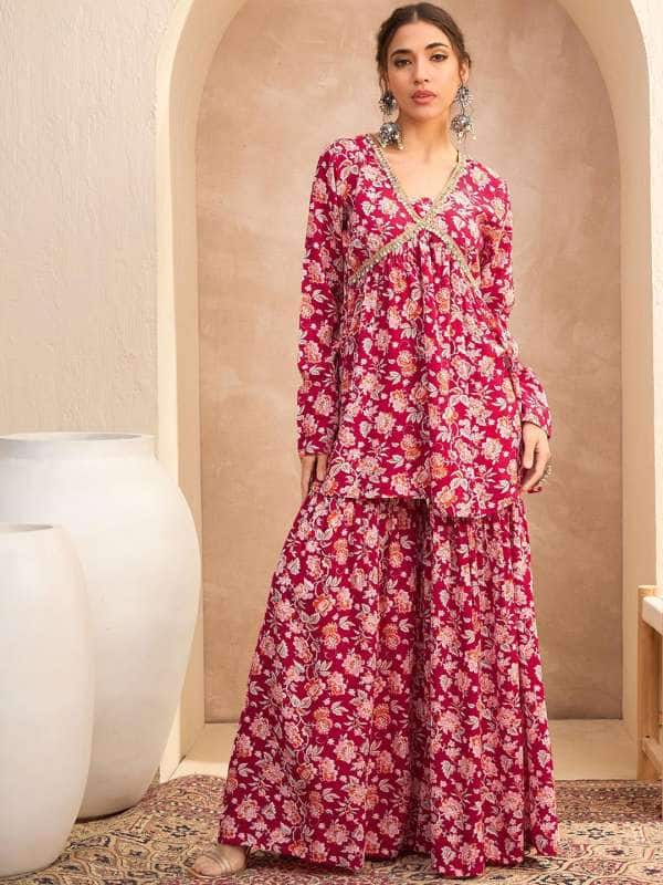 Shae by SASSAFRAS Floral Printed Thread Work Anarkali Kurta with Sharara