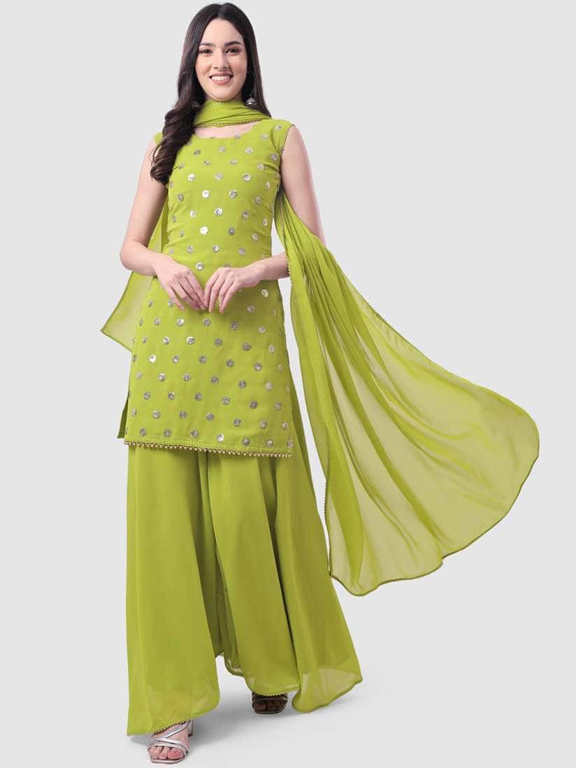 PARROT CREATION Geometric Embroidered Sequinned Georgette Kurti with Sharara And Dupatta