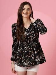 Sheetal Associates Casual Puff Sleeves Floral Print Women's Black Top