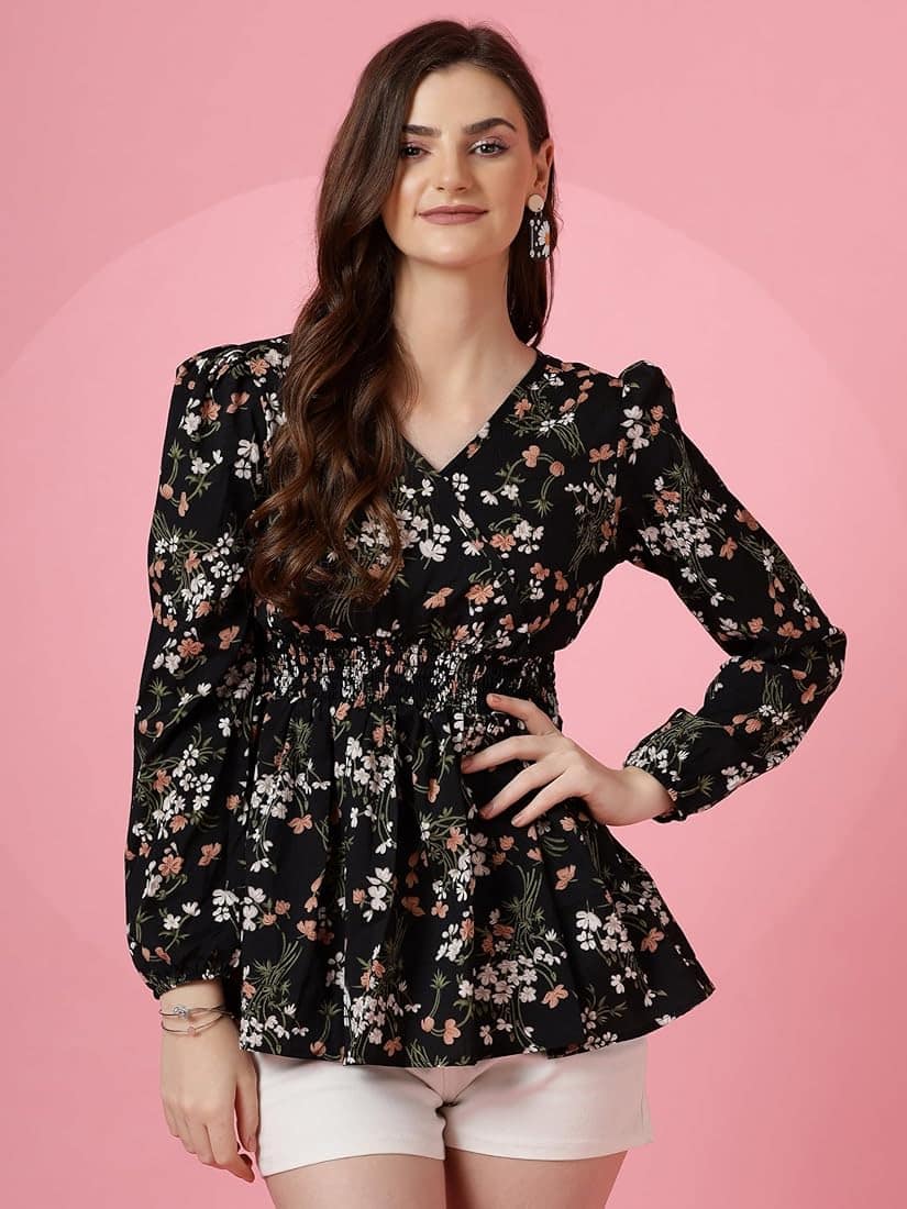 Sheetal Associates Black Floral Puff Sleeves Top Sheetal Associates Black Floral Puff Sleeves Top
