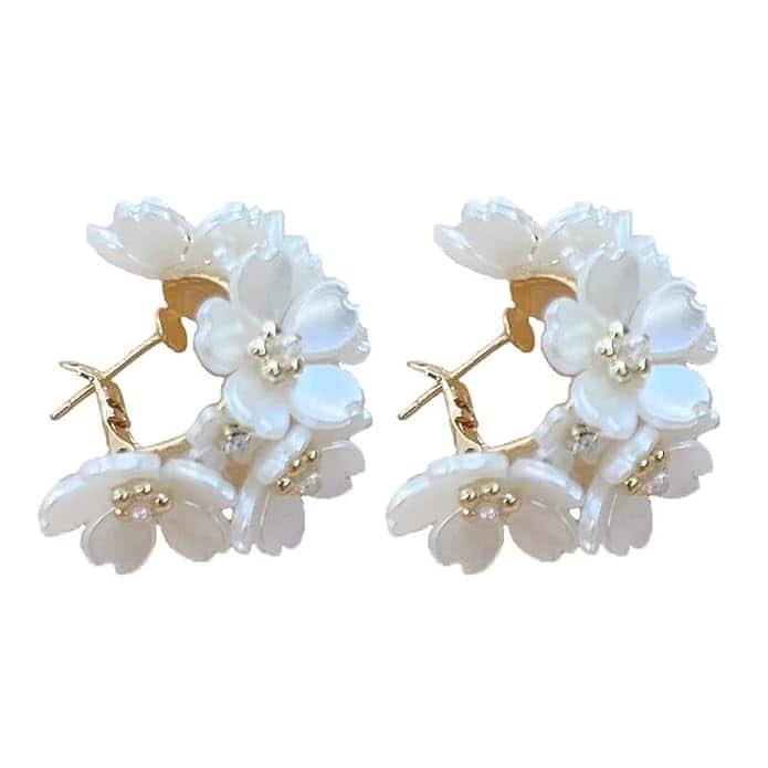 Shining Diva White Flower Hoop Earrings