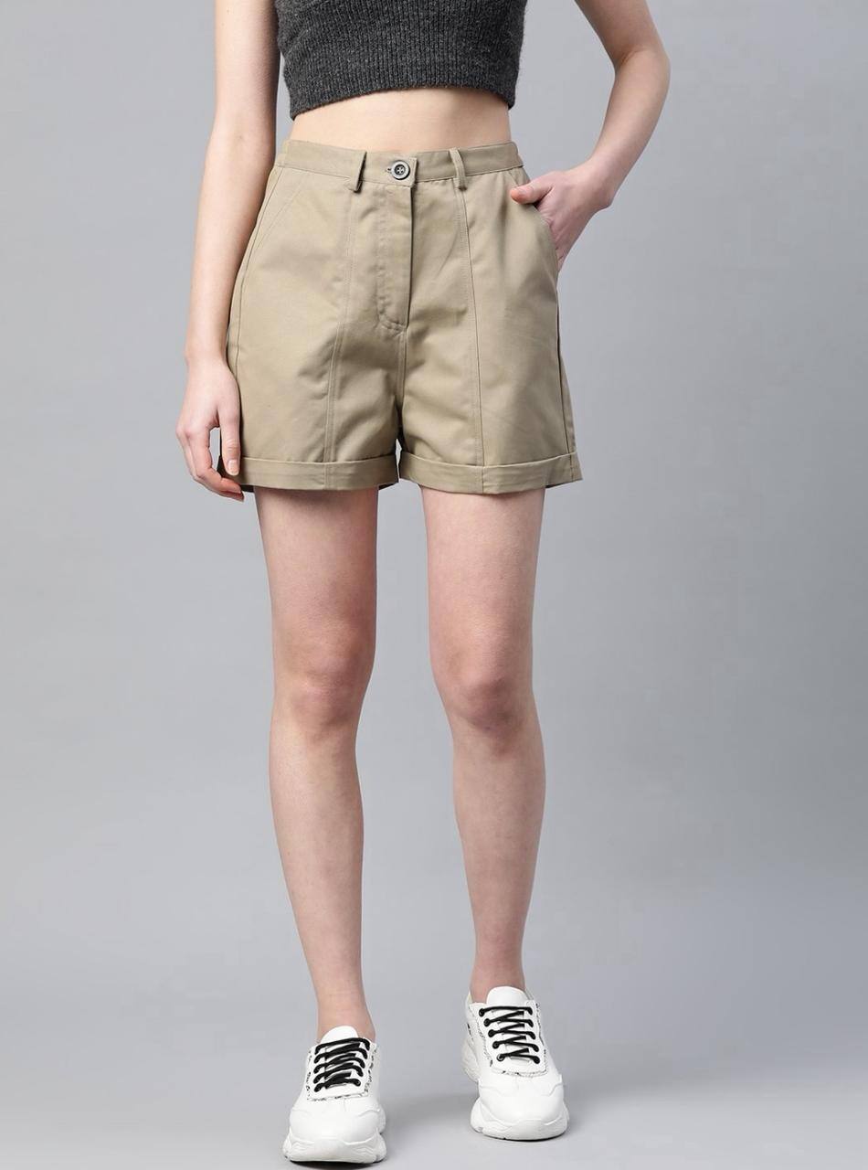 Popnetic Women Khaki Solid Regular Fit Pure Cotton Shorts
