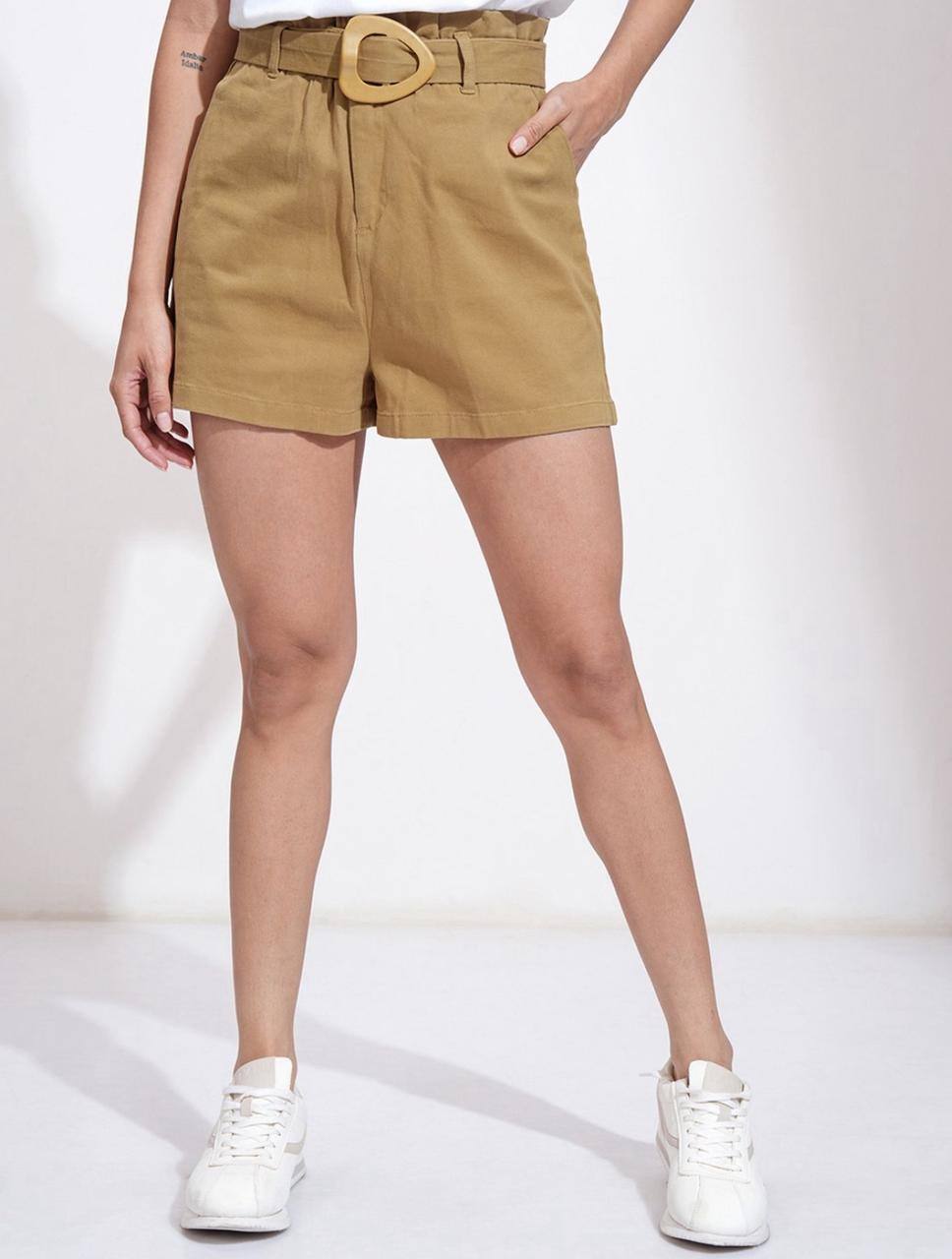 Tokyo Talkies Women Beige Solid Regular Fit Cargo Shorts