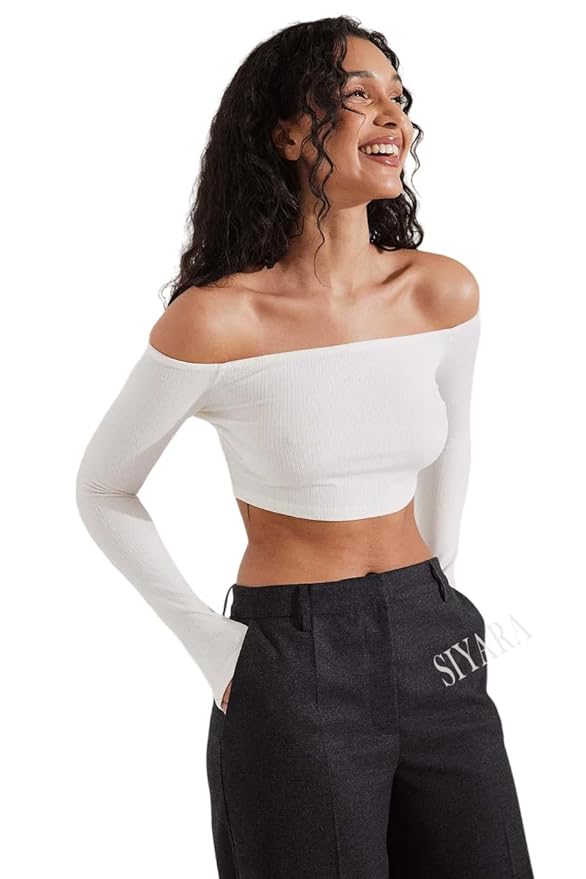 SIYARA Ribbed Bare Cropped Shoulder Top for Women