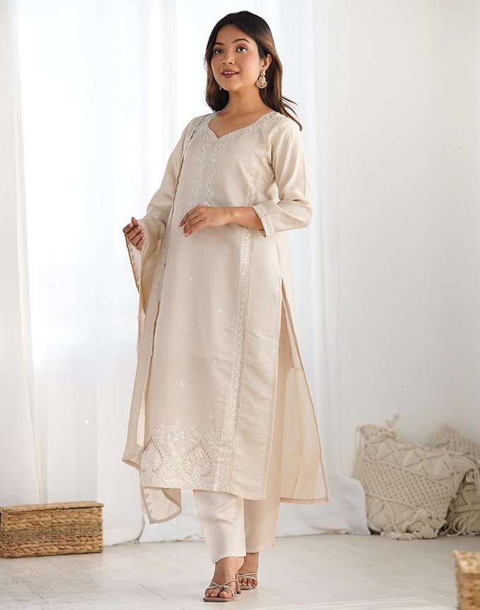 SKYLEE Women's Silk Embroidery and Lace Straight Kurta with Pant &amp; Dupatta