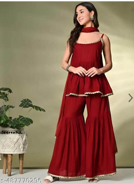 Sangria A-Line Kurti with Sharara & Dupatta Sangria A-Line Kurti with Sharara & Dupatta