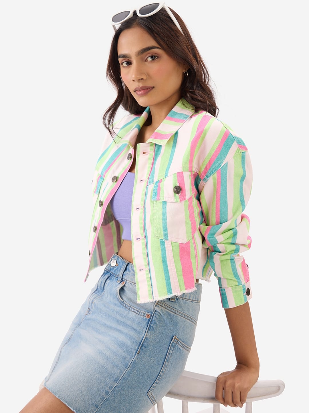 The Souled Store Striped Spread Collar Lightweight Crop Pure Cotton Denim Jacket
