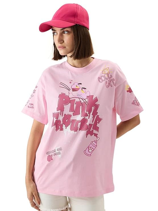 The Souled Store Official Pink Panther: Pink Trouble Graphic Tee The Souled Store Official Pink Panther: Pink Trouble Graphic Tee