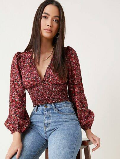 Stylecast X Slyck Floral Printed V-Neck Puff Sleeves Smocked Fitted Crop Top