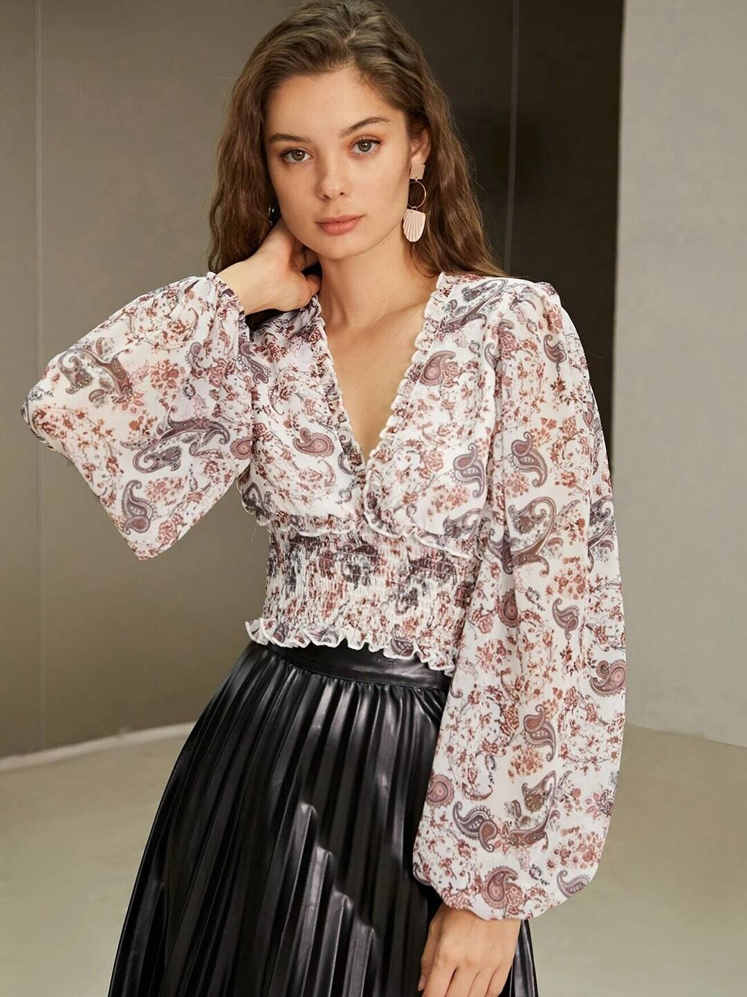 Stylecast X Slyck Ethnic Motifs Printed Bishop Sleeves Smocked Crop Top Stylecast X Slyck Ethnic Motifs Printed Bishop Sleeves Smocked Crop Top
