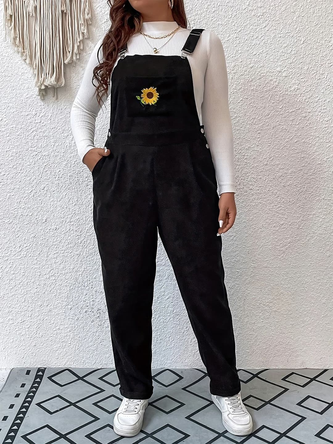 StyleCast Black Embroidered Cotton Dungarees