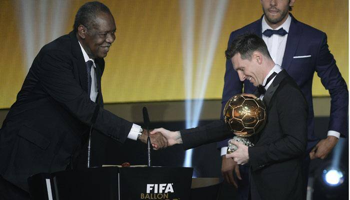 Five-time Ballon d'Or winner Lionel Messi presented with platinum football boots