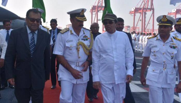 Sri Lankan President gets on board India&#039;s biggest warship INS Vikramaditya