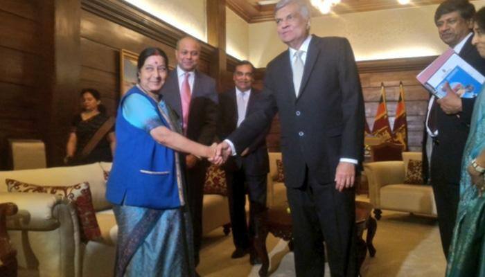 Sushma Swaraj calls on Sri Lankan PM Ranil Wickremesinghe