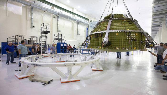 NASA&#039;s Orion for Exploration Mission-1 lifted for pressure testing