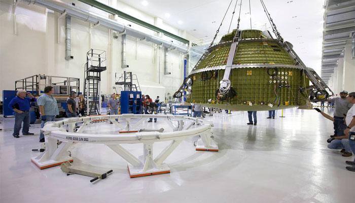 NASA's Orion for Exploration Mission-1 lifted for pressure testing