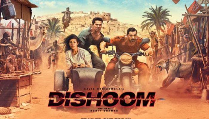 &#039;Dishoom&#039; POSTER OUT! Jacqueline rides with Varun Dhawan, John Abraham