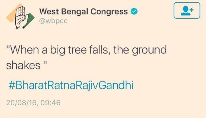 West Bengal Congress commits blunder, tweets Rajiv Gandhi's 1984 controversial quote on his birth anniversary