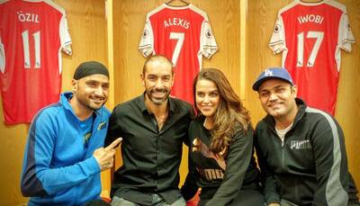 Harbhajan Singh, Virender Sehwag, Neha Dhupia rub shoulders with Arsenal legend Robert Pires at Emirates