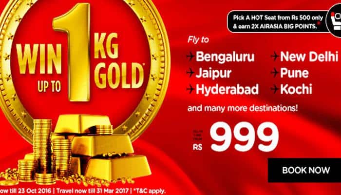 Book AirAsia at fares starting Rs 999, get a chance to win 1 kg gold