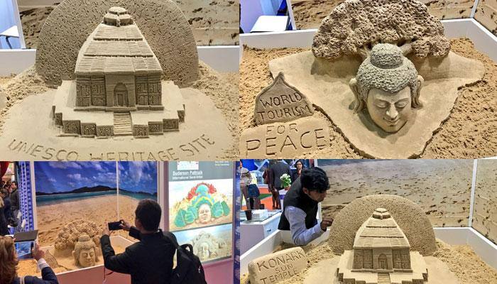 Sudarsan Pattnaik sculpts Konark Sun Temple and Buddha 'peace' sand art at World Travel Market!