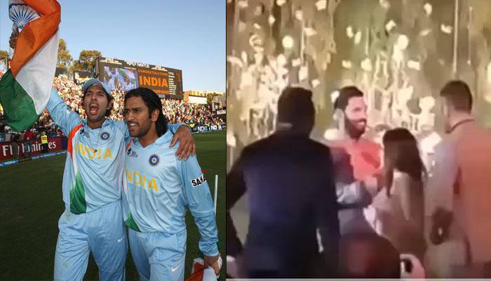 Unseen Video: On Yuvraj Singh, Hazel Keech&#039;s wedding reception, MS Dhoni greets couple with a hug