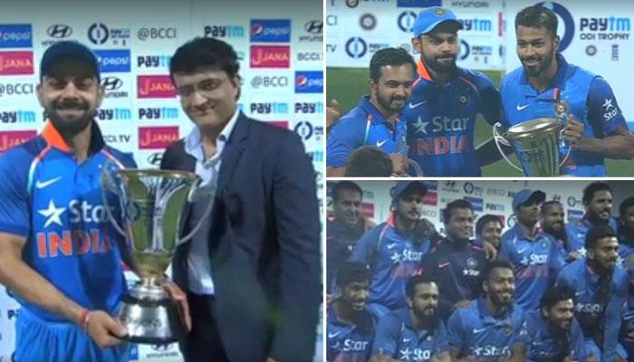 India vs England: Sourav Ganguly hands over Virat Kohli trophy; Men in Blue celebrate series win in style — VIDEO
