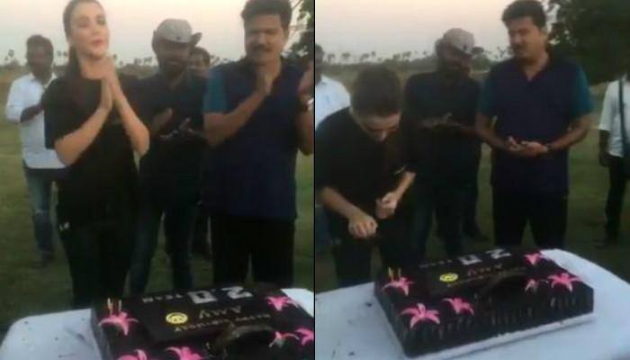 Rajinikanth&#039;s &#039;2.0&#039;: Amy Jackson cuts 25th birthday cake on film set – Watch