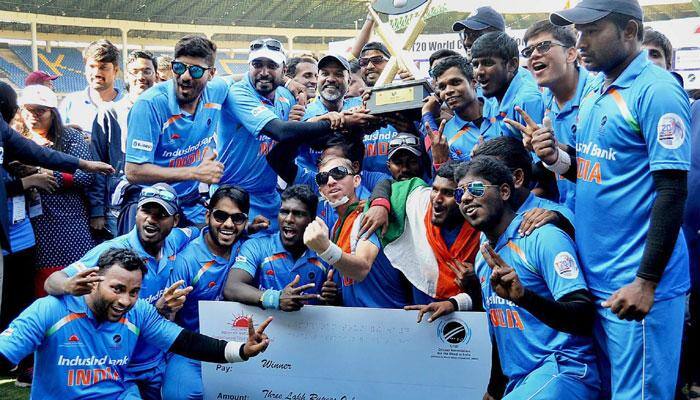 Vijay Goel felicitates T20 World Cup winning Indian Blind cricket team