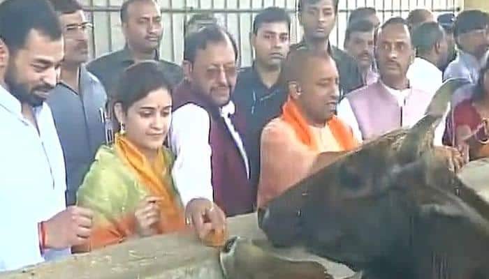 Yogi Adityanath visits &#039;Kanha Upvan&#039; - cow shelter run by Mulayam&#039;s daughter-in-law Aparna Yadav