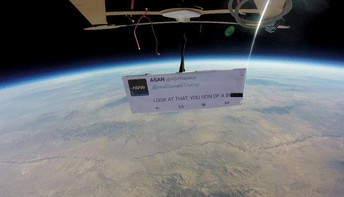Donald Trump sparks protests again, this time 90,000 feet above Earth