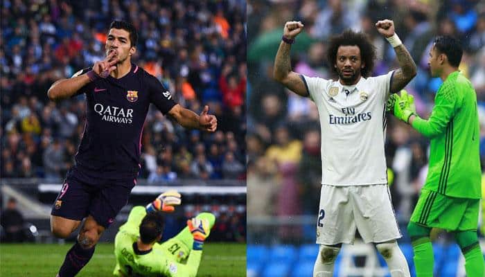 Luis Suarez, Ivan Rakitic keep Barcelona top; late Marcelo strike rescues Real Madrid against Valencia