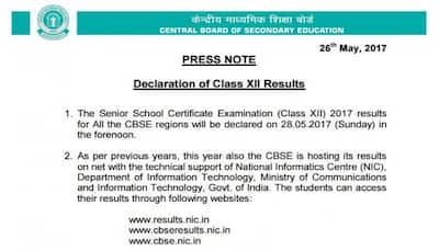 Cbseresults.nic.in & Cbse.nic.in 12th Result 2017: CBSE Board Class 12th XII Result 2017 declared