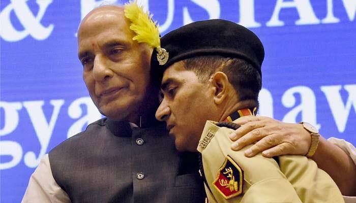 Rare gesture! Rajnath Singh breaks protocol to hug brave BSF jawan who took on militants