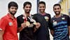 Telangana Governor felicitates shuttlers Kidambi Srikanth, H S Prannoy and B Sai Praneeth