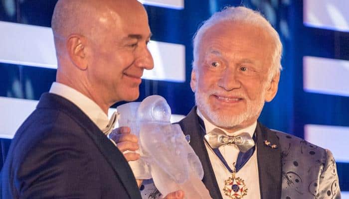 Blue Origin’s Jeff Bezos receives first Buzz Aldrin Space Innovation Award from Apollo 11 moonwalker