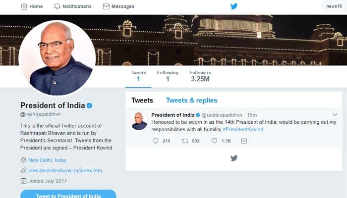 Ram Nath Kovind - India&#039;s 14th President - earns 3.25 million followers on Twitter within minutes of taking charge